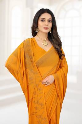 Mustard Siroski Stone Border Chiffon Party Wear Wedding Saree With Blouse Piece 2