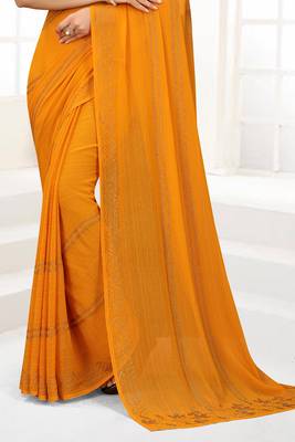 Mustard Siroski Stone Border Chiffon Party Wear Wedding Saree With Blouse Piece 3