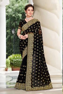 Black Zari Embroidered Border Georgette Party Wear Georgette Saree With Blouse Piece 1