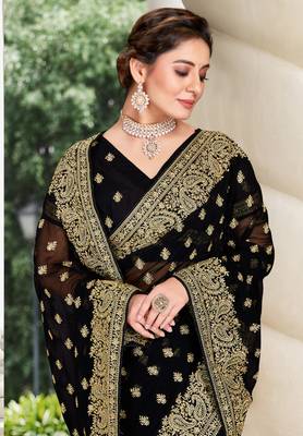 Black Zari Embroidered Border Georgette Party Wear Georgette Saree With Blouse Piece 2