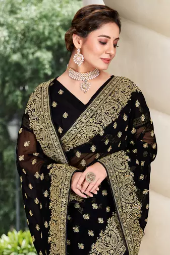 Black Zari Embroidered Border Georgette Party Wear Georgette Saree With Blouse Piece