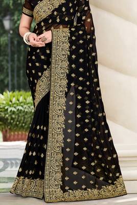 Black Zari Embroidered Border Georgette Party Wear Georgette Saree With Blouse Piece 3