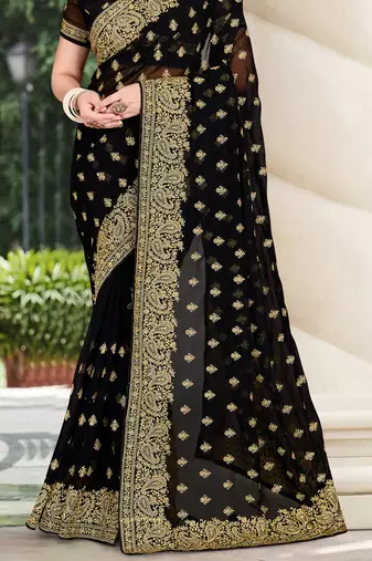 Black Zari Embroidered Border Georgette Party Wear Georgette Saree With Blouse Piece