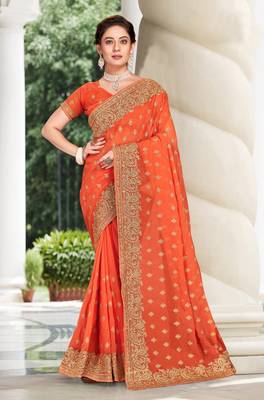 Orange Zari Embroidered Border Georgette Party Wear Georgette Saree With Blouse Piece 1