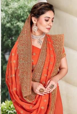 Orange Zari Embroidered Border Georgette Party Wear Georgette Saree With Blouse Piece 2