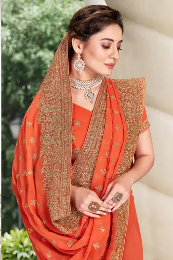 Orange Zari Embroidered Border Georgette Party Wear Georgette Saree With Blouse Piece