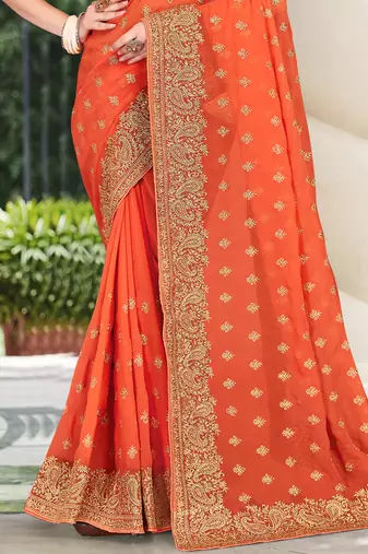 Orange Zari Embroidered Border Georgette Party Wear Georgette Saree With Blouse Piece