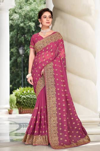 Pink Zari Embroidered Border Georgette Party Wear Georgette Saree With Blouse Piece