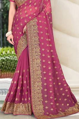 Pink Zari Embroidered Border Georgette Party Wear Georgette Saree With Blouse Piece 3