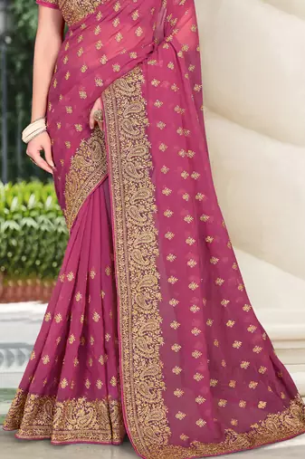 Pink Zari Embroidered Border Georgette Party Wear Georgette Saree With Blouse Piece