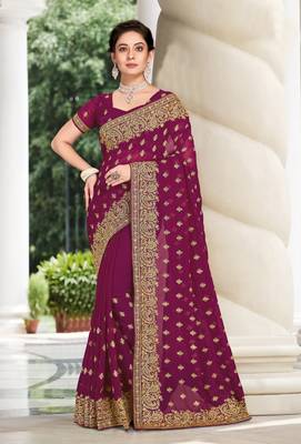 Purple Zari Embroidered Border Georgette Party Wear Georgette Saree With Blouse Piece 1