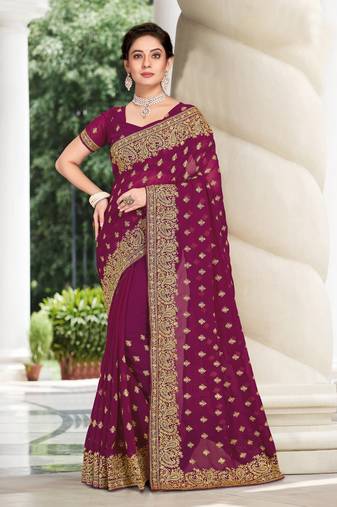 Purple Zari Embroidered Border Georgette Party Wear Georgette Saree With Blouse Piece