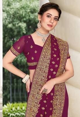Purple Zari Embroidered Border Georgette Party Wear Georgette Saree With Blouse Piece 2