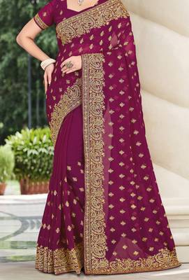 Purple Zari Embroidered Border Georgette Party Wear Georgette Saree With Blouse Piece 3