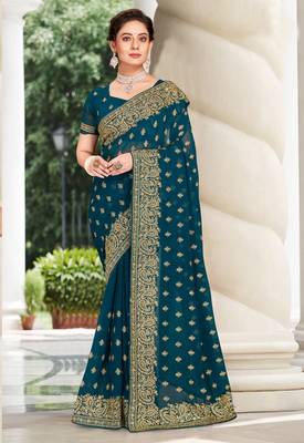 Teal Blue Zari Embroidered Border Georgette Party Wear Georgette Saree With Blouse Piece 1