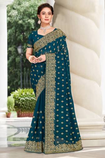 Teal Blue Zari Embroidered Border Georgette Party Wear Georgette Saree With Blouse Piece