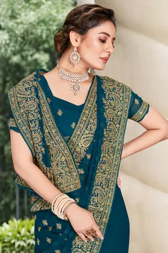 Teal Blue Zari Embroidered Border Georgette Party Wear Georgette Saree With Blouse Piece