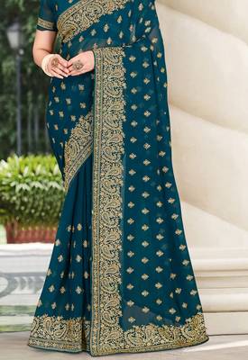 Teal Blue Zari Embroidered Border Georgette Party Wear Georgette Saree With Blouse Piece 3