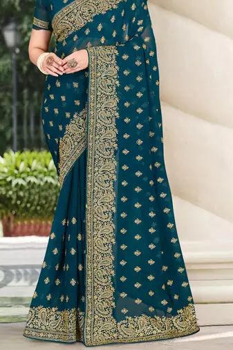Teal Blue Zari Embroidered Border Georgette Party Wear Georgette Saree With Blouse Piece