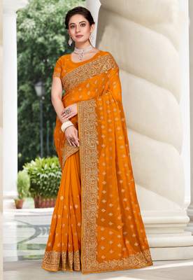 Mustard Zari Embroidered Border Georgette Party Wear Georgette Saree With Blouse Piece 1