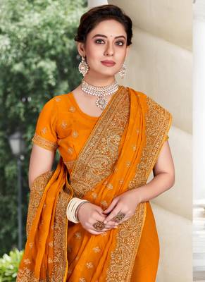 Mustard Zari Embroidered Border Georgette Party Wear Georgette Saree With Blouse Piece 2