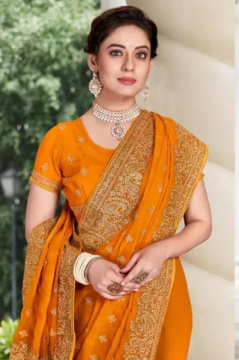 Mustard Zari Embroidered Border Georgette Party Wear Georgette Saree With Blouse Piece