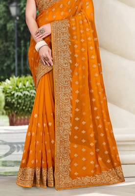 Mustard Zari Embroidered Border Georgette Party Wear Georgette Saree With Blouse Piece 3