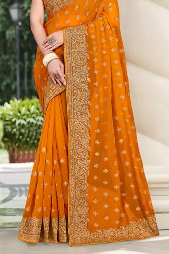 Mustard Zari Embroidered Border Georgette Party Wear Georgette Saree With Blouse Piece