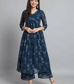 Teal Georgette Floral Print A-line Kurta and Palazzo set