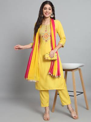 Yellow Cotton Fabric Round Neck Embroidered Kurta With Trousers & Dupatta Set 2