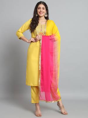 Yellow Cotton Fabric Round Neck Embroidered Kurta With Trousers & Dupatta Set 1