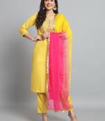 Yellow Cotton Fabric Round Neck Embroidered Kurta With Trousers & Dupatta Set