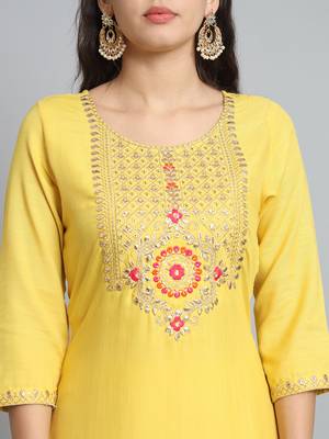 Yellow Cotton Fabric Round Neck Embroidered Kurta With Trousers & Dupatta Set 3
