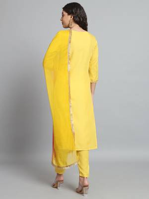 Yellow Cotton Fabric Round Neck Embroidered Kurta With Trousers & Dupatta Set 4