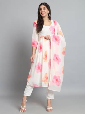 Anarkali Floral Printed Georgette Fabric Gown, Pant & Dupatta Set 1