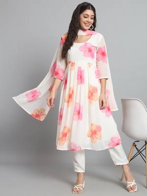 Anarkali Floral Printed Georgette Fabric Gown, Pant & Dupatta Set 2