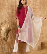 Ziyaa women's maroon rayon kurta, pant and dupatta set