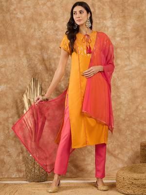 Ziyaa women's mustard rayon kurta, pant and dupatta set 1
