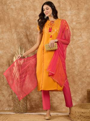 Ziyaa women's mustard rayon kurta, pant and dupatta set 2