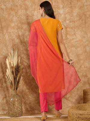Ziyaa women's mustard rayon kurta, pant and dupatta set 3