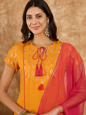 Ziyaa women's mustard rayon kurta, pant and dupatta set 4