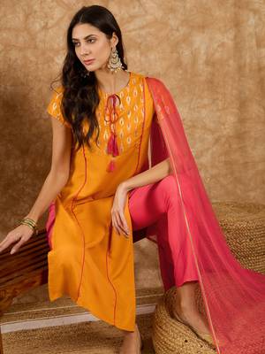 Ziyaa women's mustard rayon kurta, pant and dupatta set 5