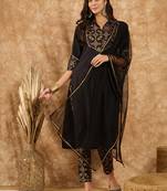 Ziyaa women's black crepe kurta, pant and dupatta set
