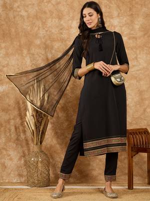 Ziyaa women's black crepe kurta, pant and dupatta set 2