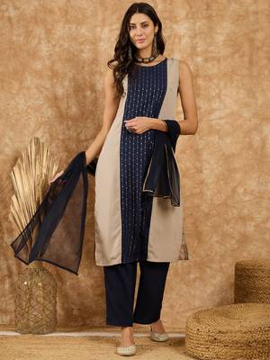Ziyaa women's navy blue crepe kurta, palazzo and dupatta set 1