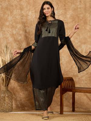 Ziyaa women's black crepe kurta, palazzo and dupatta set 1