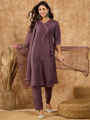 Ziyaa women's purple chinon straight kurta, pant and dupatta set 1