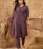 Ziyaa women's purple chinon straight kurta, pant and dupatta set