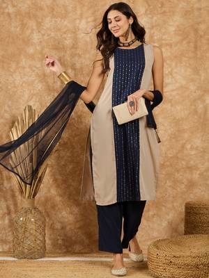 Ziyaa women's navy blue crepe kurta, palazzo and dupatta set 2