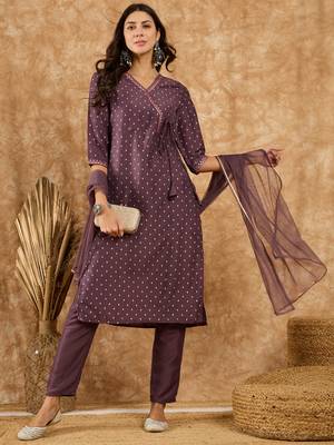 Ziyaa women's purple chinon straight kurta, pant and dupatta set 2